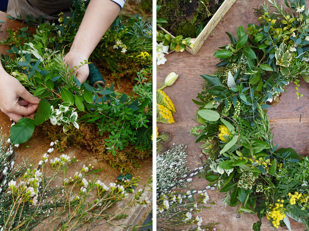 Adding bulbs and plants to a living wreath