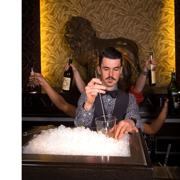 Sasha Geiersberger, Ehemaliger Bartender Le Lion, mit Sechs Armen Fotomontage, mixt den Drinks