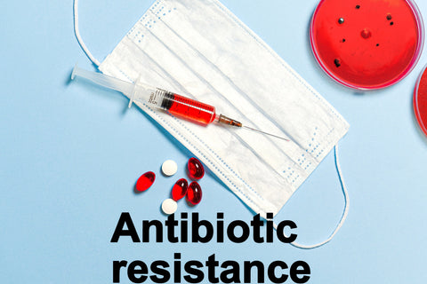 Image of a mask, pills, vaccine, and petri dishes of bacteria with a text that says antibiotic resistance