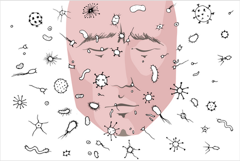 Animated image of a face with pathogen, germs, bacteria, and viruses attacking their face through air contagion