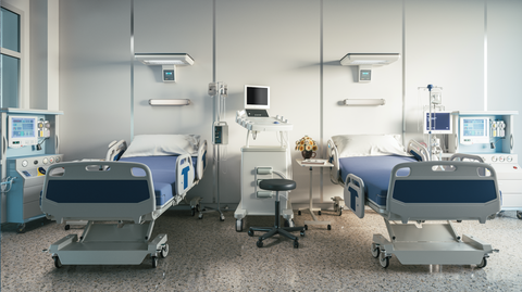 Hospital room with surfaces that can be contagious with germs, pathogen, viruses
