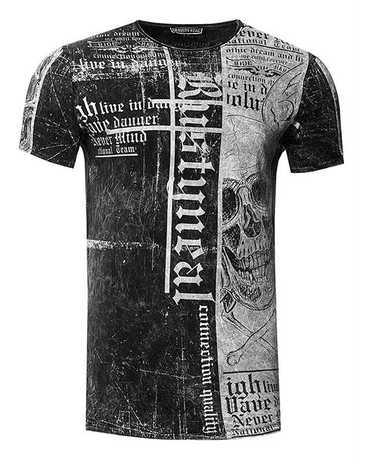 T-shirt noir imprimé tête de mort aspect vintage usé face et dos à col rond pour homme