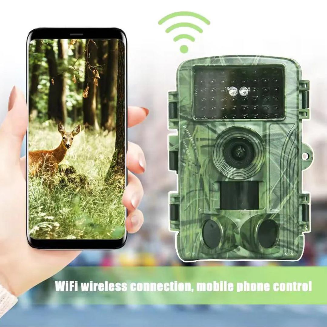 Discover the great outdoors with the best wifi trail camera for the money, showcasing a sleek design with mobile phone control for real-time wildlife monitoring and vibrant night vision capabilities.