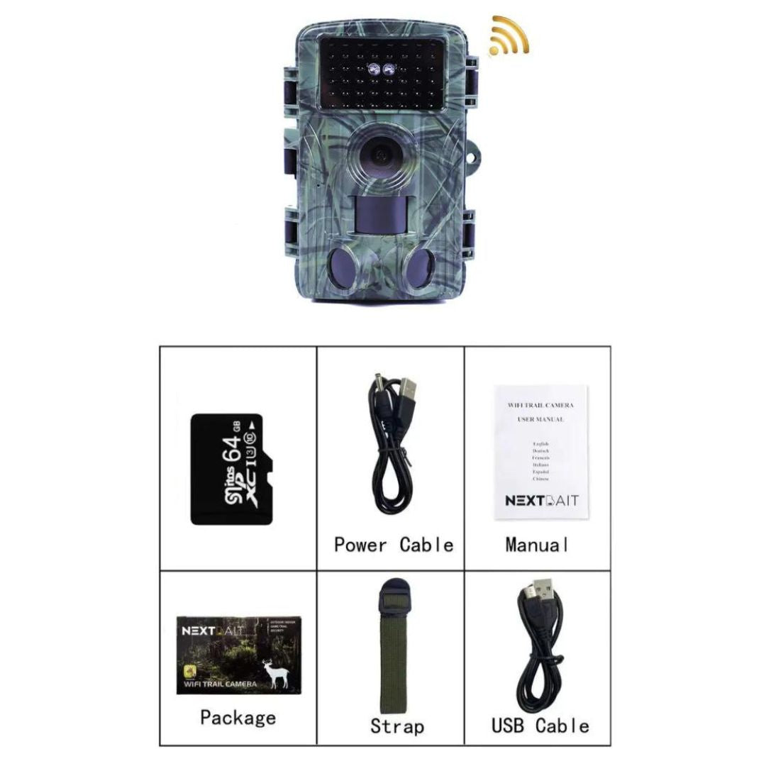 Camouflaged security trail camera with advanced sensors and wireless connectivity, accompanied by essential accessories including a power cable, user manual, mounting strap, and USB cable, designed for efficient and discreet wildlife monitoring or property surveillance.