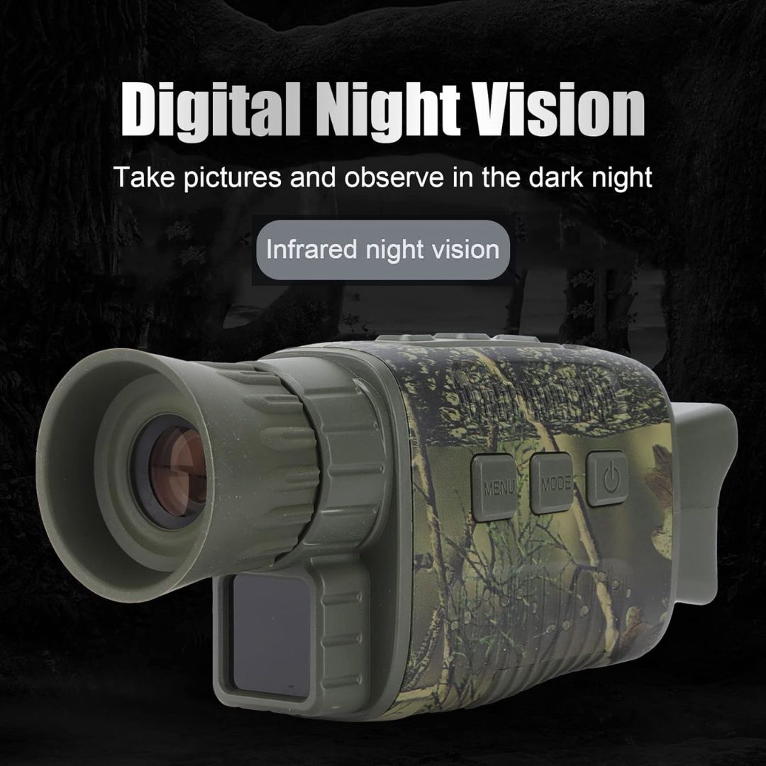 Venture into the night with confidence using this digital night vision monocular, featuring a camouflage pattern for stealth and buttons for easy menu navigation and video recording. Its large lens and infrared capabilities ensure clear vision and picture-taking in the darkest environments, perfect for nocturnal wildlife observation and security surveillance.