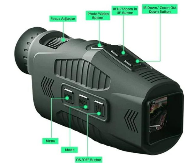 Capture the night with precision using these advanced monoculars, featuring a comprehensive control panel with focus adjustor, photo/video capture, and infrared zooming capabilities. The greenish-black design is sleek and functional, with clearly labeled buttons for effortless operation, ensuring you’re always ready to document your outdoor adventures.