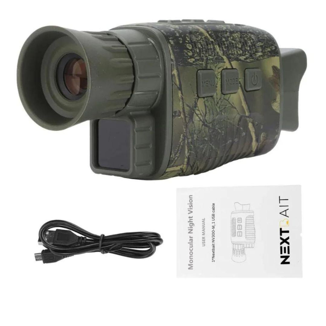 Camouflage-patterned monoculars with night vision and USB connectivity, complete with a user manual for seamless outdoor exploration.