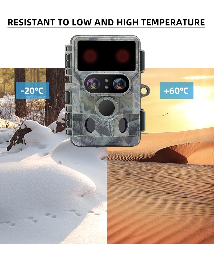 4K hunting camera resistant to extreme temperatures, showcased in a snowy landscape and a desert scene.