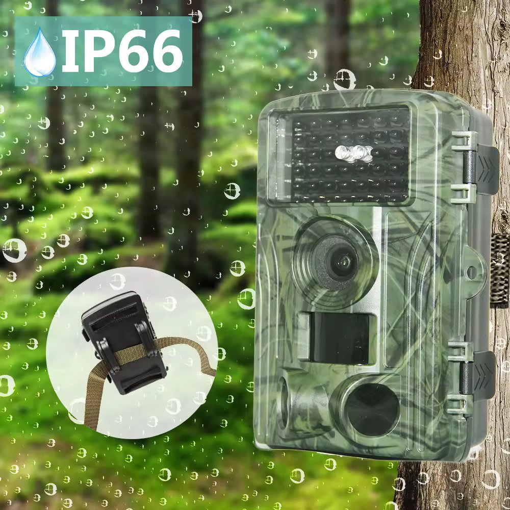 Hunting trail camera with a robust IP66 water-resistant rating, cleverly camouflaged and securely mounted on a tree, equipped with LED lights for optimal night vision, ready to discreetly monitor wildlife activity on the trail.
