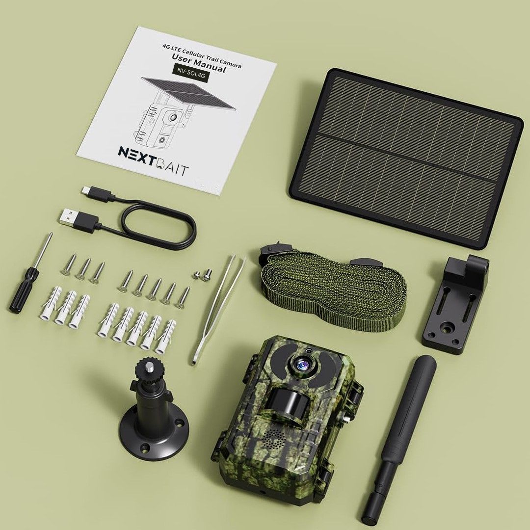 Display of the best solar powered trail camera set by NEXTBAIT, including the camouflaged 4G LTE Cellular Trail Camera, user manual, and various accessories such as screws, USB cable, mounting bracket, and straps, all laid out on a light green background.