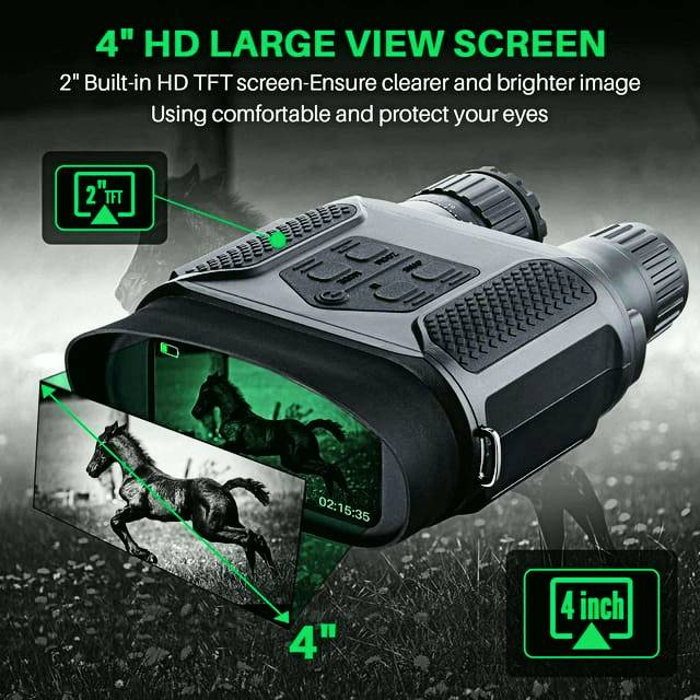 Night vision binoculars with crystal clear vision in complete darkness and a 1300 ft viewing range.