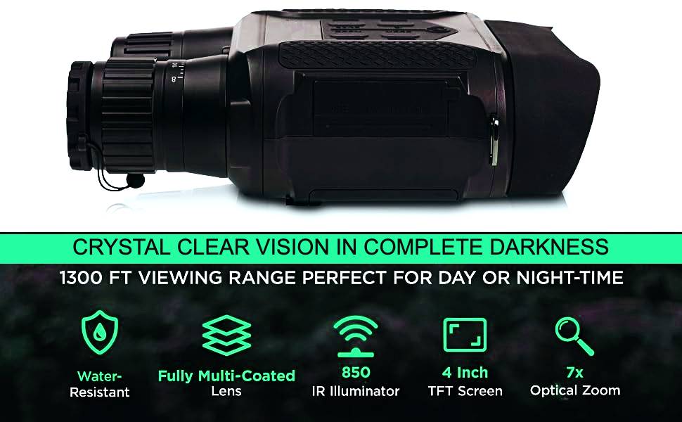 Advanced night vision binoculars with rugged design, water resistance, fully multi-coated lens, 850nm IR illuminator, 4-inch TFT screen, and 7x optical zoom.