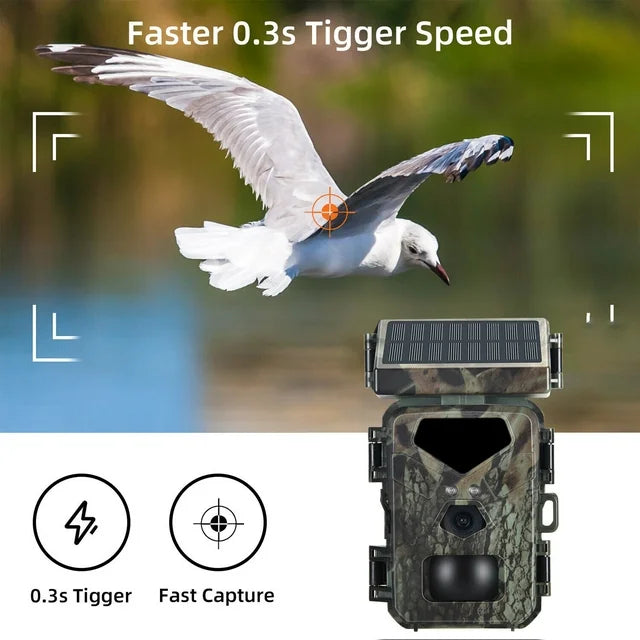 Camouflage designed solar hunting camera with a fast 0.3s trigger speed, capturing a clear mid-air image of a bird, demonstrating its quick capture feature.