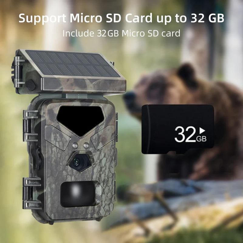 Camouflaged wireless solar camera outdoor with a large solar panel, designed for wildlife monitoring and security purposes, supports Micro SD Cards up to 32 GB.