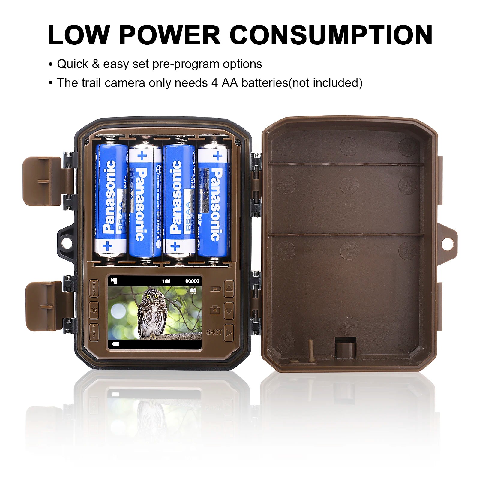 Interior view of a battery-powered security trail camera with low power consumption and quick & easy set pre-program options, showcasing its LCD screen with a captured image of wildlife.