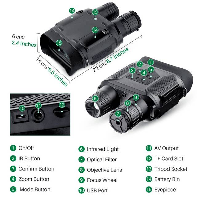 Night vision binoculars with crystal clear vision in complete darkness and a 1300 ft viewing range.