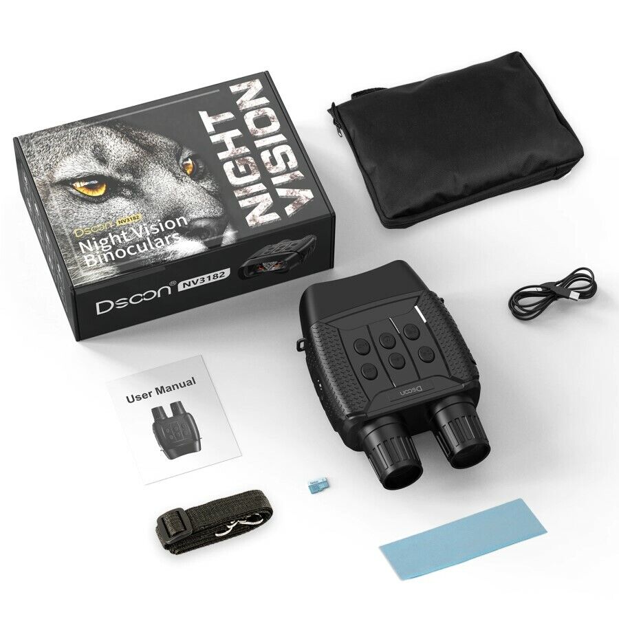 Packaged set of affordable night vision binoculars, including the device, user manual, and accessories displayed on a light surface.