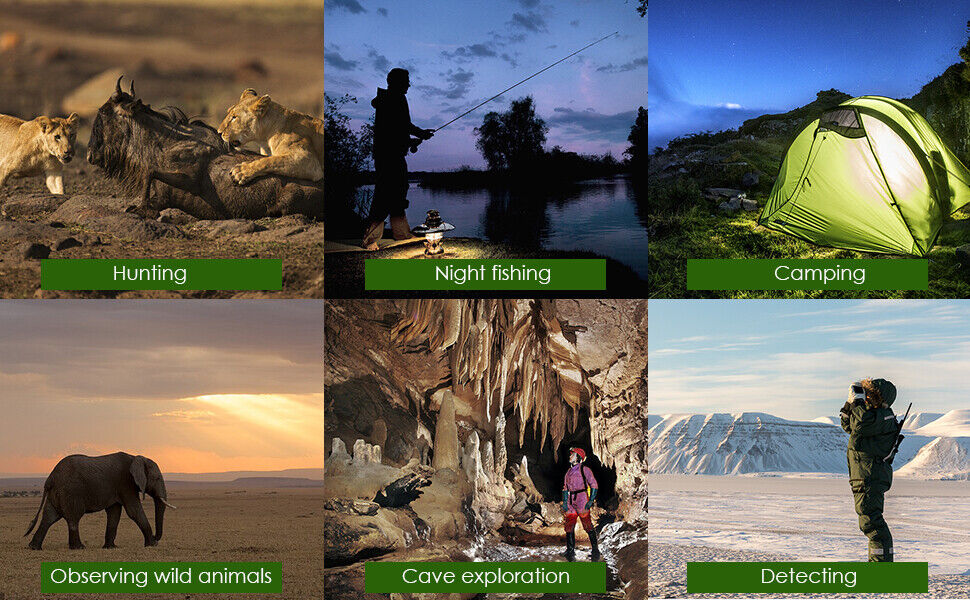 A collage of six images demonstrating the benefits of infrared night vision in various outdoor activities such as hunting, night fishing, camping, observing wild animals, cave exploration, and detecting in different terrains.