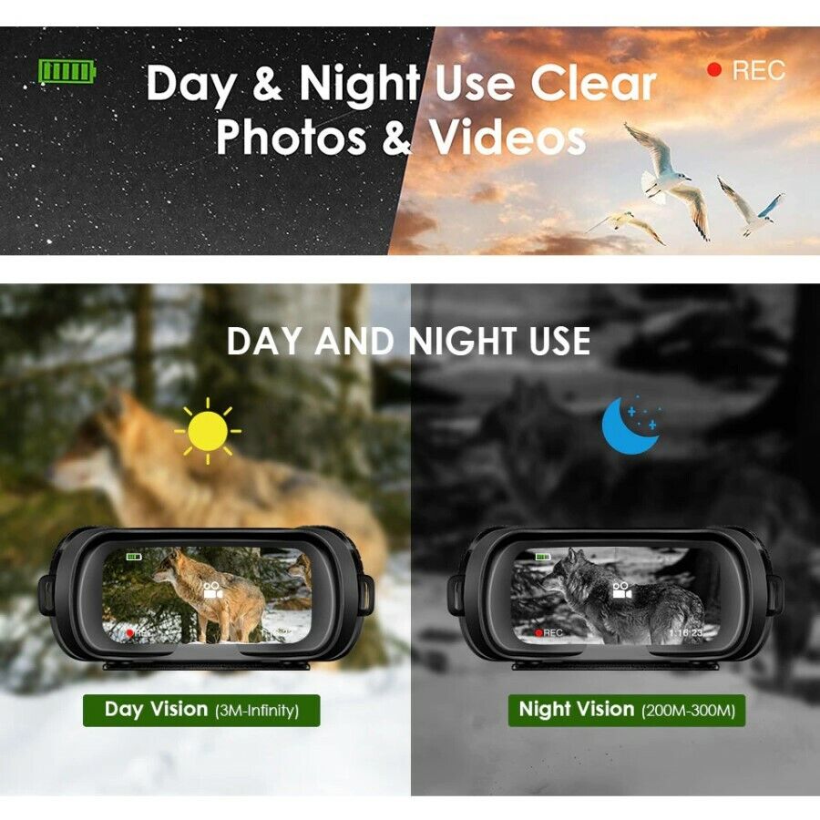 Advertisement for thermal night vision binoculars showcasing their dual functionality with clear photos and videos during both day and night, featuring images of a wolf in a forest during the day and at night.