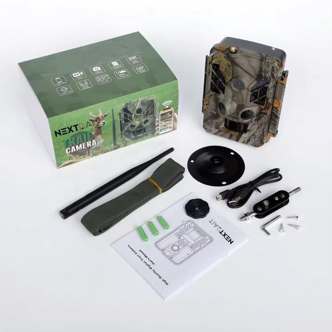 Advanced best hunting trail camera set with camouflage design, multiple lenses, and sensors for capturing detailed wildlife images in natural settings.