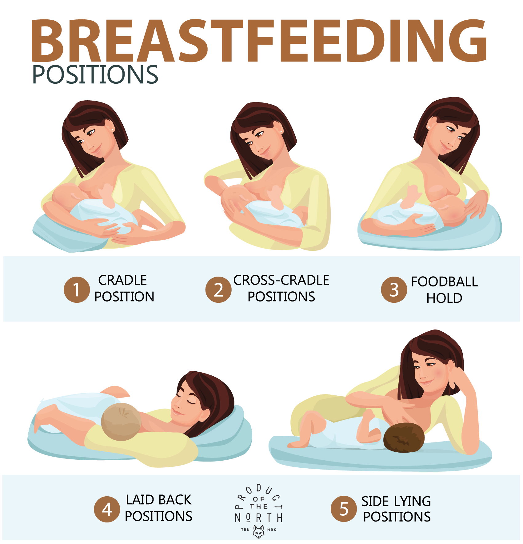 Infographic showing five breastfeeding positions