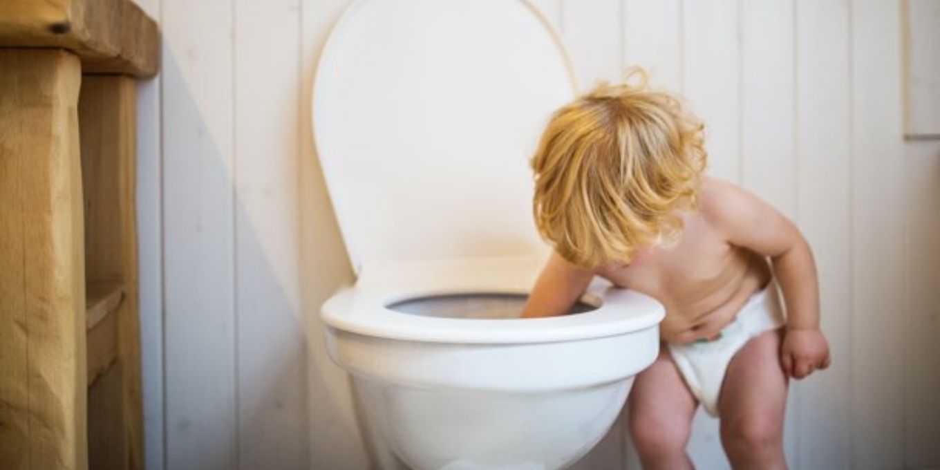 Toddler sticking his hand in the toilet