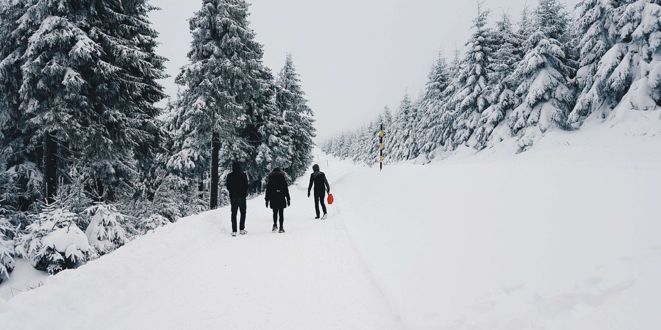 People hiking in the midst of a winter landscape