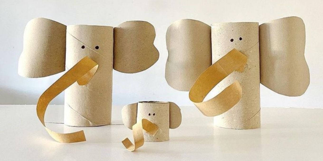 Recycled art work of paper elephants using recycled toilet paper rolls
