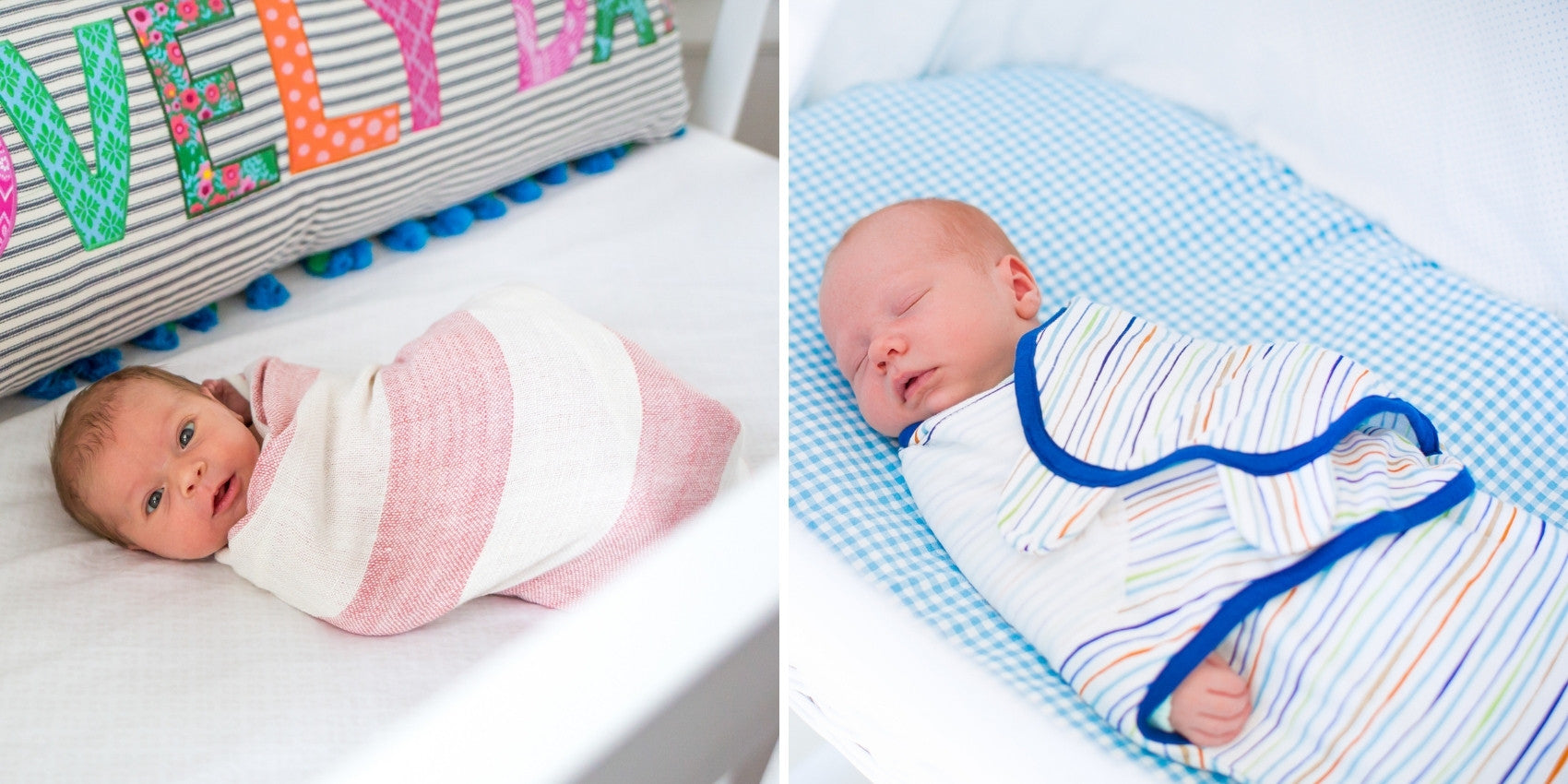 Split image of babies wrapped in swaddles. The baby on the left is wrapped in a traditional swaddle blanket and the baby on the right is wrapped in a 2-in-1 swaddle