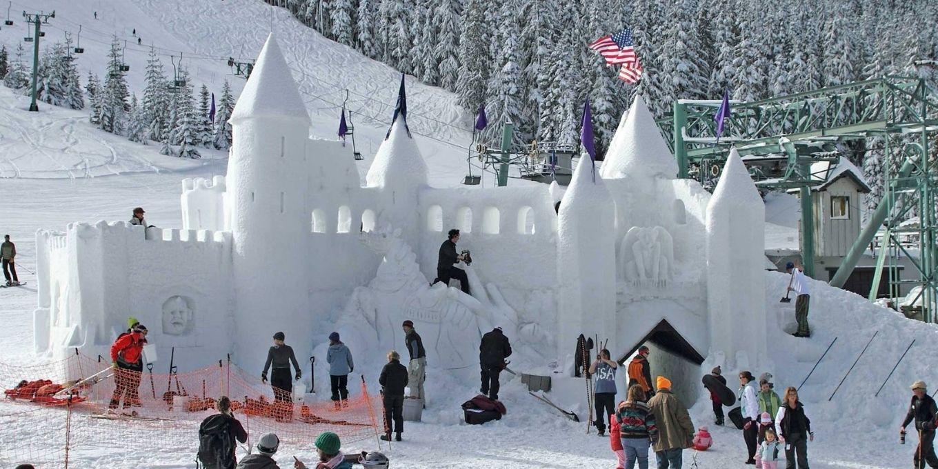 Images of people building an ice castle at White Pass in WA state