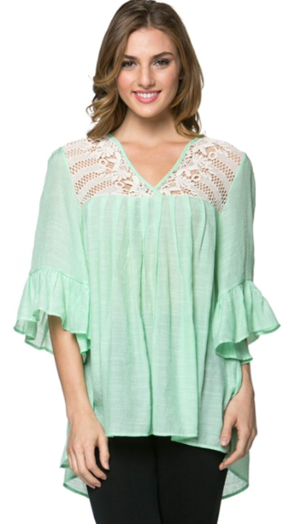 Bella Glitz - Lace Crochet Bell Sleeve Top Mint