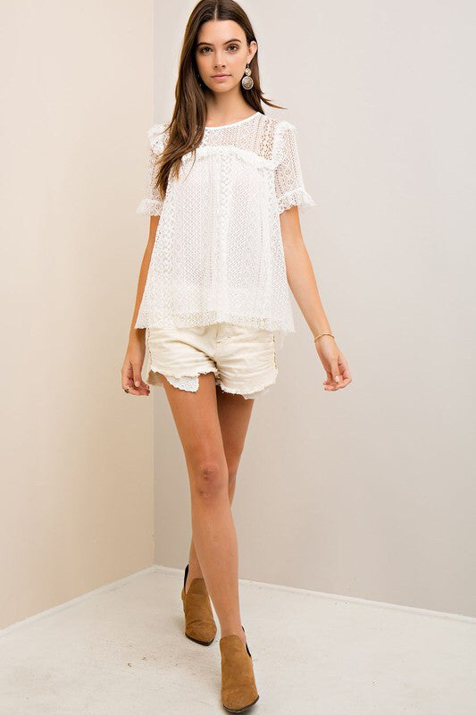 Off White Solid Crochet Boxy Top