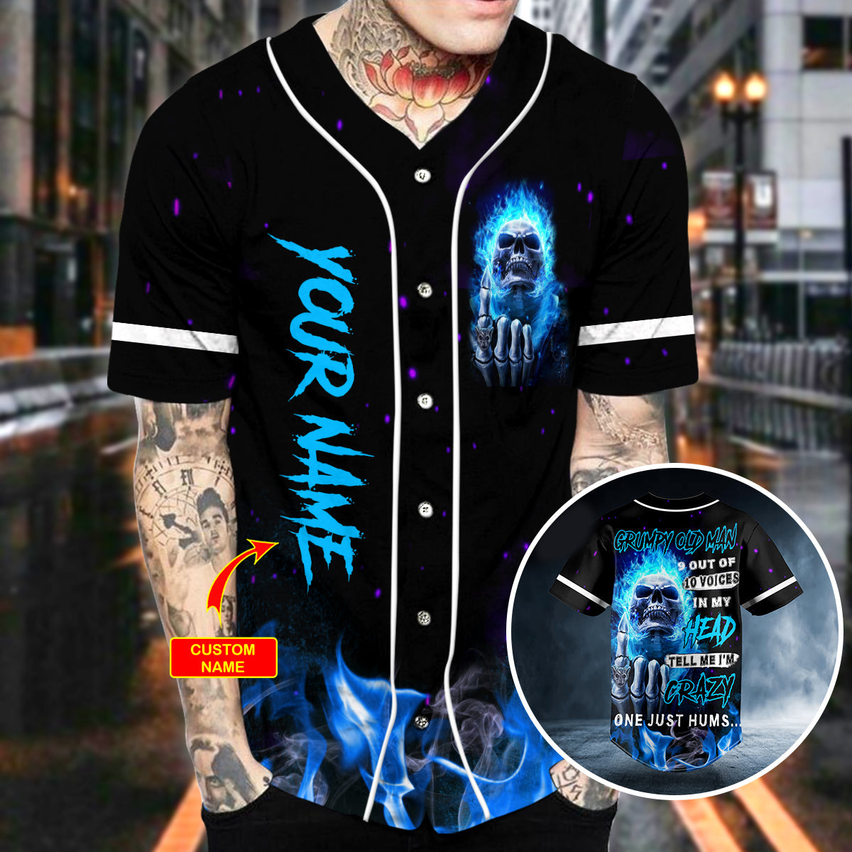 Grumpy Old Man 9 Out Of 10 Voices Skull Custom Baseball Jersey