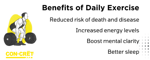 Graphic showing the benefits of daily exercise: reduced risk of death and disease, increased energy levels, boost mental clarity, better sleep.