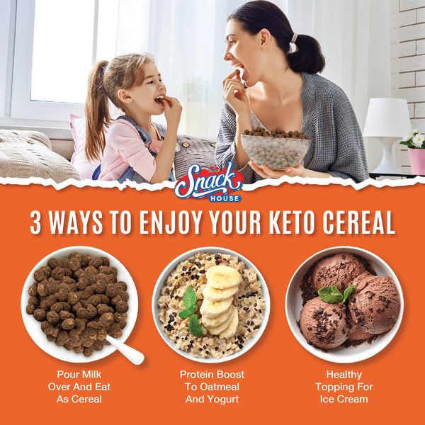 Snack House Foods PB Cup Keto Cereal, high protein, low carbohydrate, gluten free, healthy breakfast cereal, reeses puffs, peanut butter cup, protein cereal, natural peanut butter and chocolate flavor