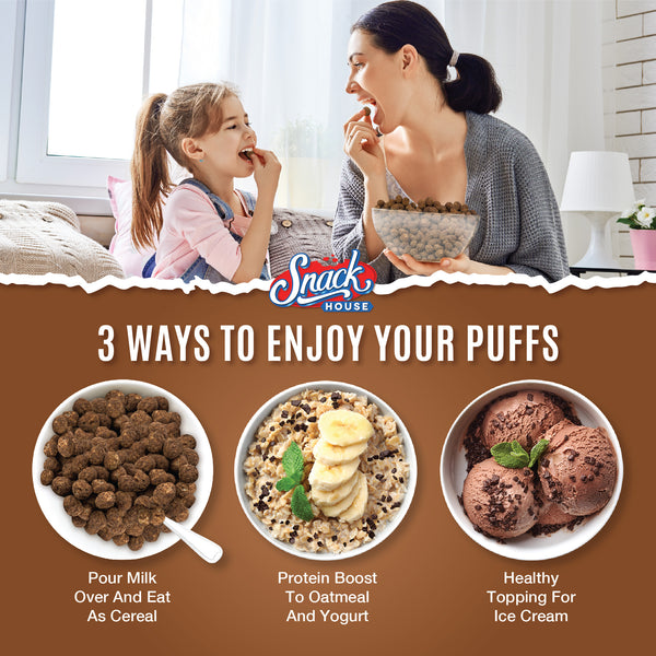 Snack House Foods Chocolate Puffs Keto Cereal, high protein, low carbohydrate, keto friendly, keto snack, gluten free, scratch made chocolate, healthy cereal, high protein, delicious, crunchy, cereal.