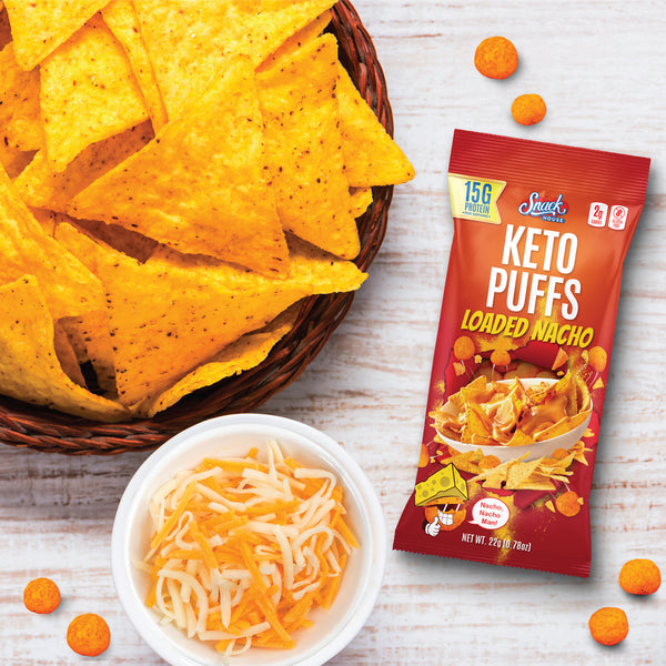 Snack House Foods Loaded Nacho Keto Puffs, high protein, low carbohydrate, gluten free, doritos nacho cheese, healthy chip replacement, keto snack, healthy snack, cheesy nacho snack