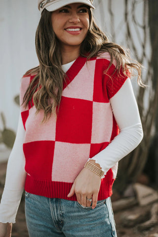 Pink and red checkered sweater vest. www.loveoliveco.com