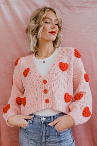 heart themed knitted cardigan perfect for valentine's date night. www.loveoliveco.com