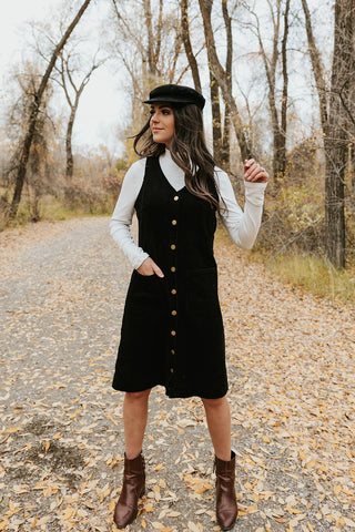 corduroy black overall dress for the holiday and winter season. www.loveoliveco.com 