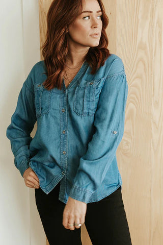 denim long-sleeved top perfect for fall. www.loveoliveco.com