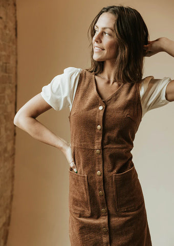 boxy fit corduroy dress with gold buttons. www.loveoliveco.com