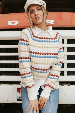 striped sweater paired with a white collared shirt. www.www.loveoliveshop.com