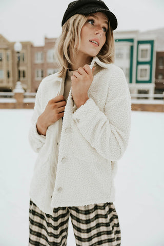 white sherpa shacket. www.loveoliveco.com