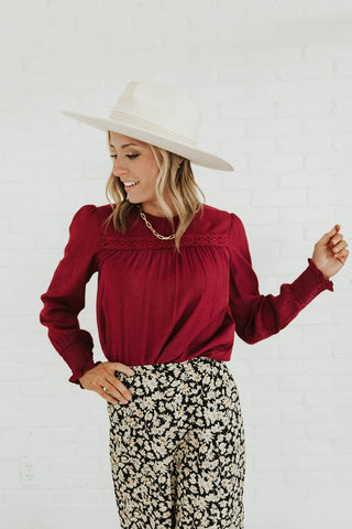 long sleeve burgundy blouse. www.loveoliveco.com