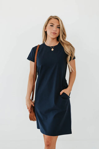 modest navy blue t-shirt dress. www.www.loveoliveshop.com