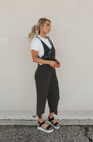 stretchy and comfortable black and white jumpsuit. www.loveoliveco.com