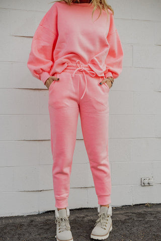 bright pink sweat suit. www.loveoliveco.com