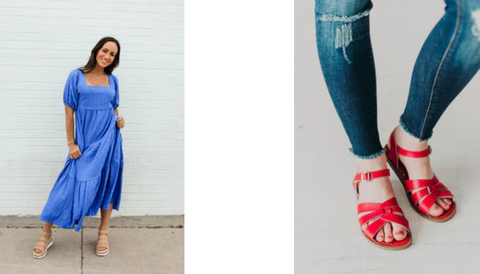 Casual Blue Dress and Red Sandals