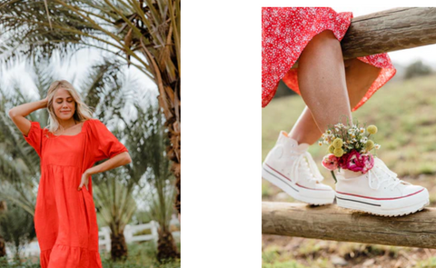 Red Dress and White Chunky Sneakers
